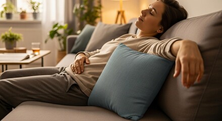 A young woman peacefully napping on a comfortable sofa in her cozy living room, enjoying a moment of relaxation and rest at home