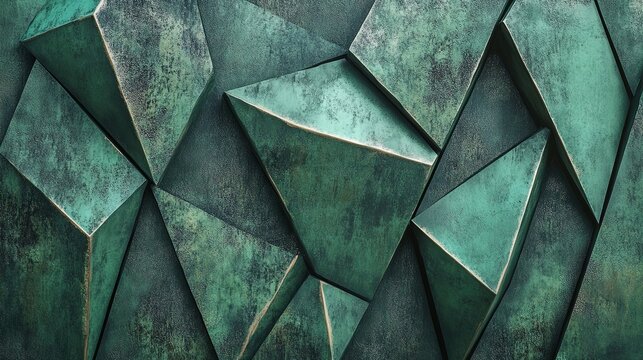 A modern, abstract background of 3D triangular tiles in a matte brushed green finish. This geometric, architectural pattern is perfect for contemporary interiors, backdrops, and feature walls. - Powered by Adobe