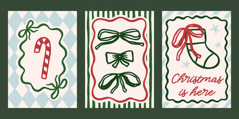 Whimsical Christmas vector cards set. Vintage retro holidays print designs with candy cane, stocking, bows illustrations in coquette frames