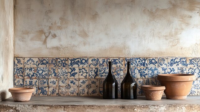 A rustic kitchen or bathroom scene with an aged, Mediterranean-style tile backsplash. The weathered, colorful patterns create a warm, vintage, and inviting atmosphere for interior design concepts.