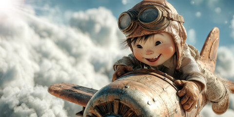A Smiling Joyful Child in Vintage Pilot Gear Flying on a Rocket Among the Clouds in the Sky, Symbolizing Imagination, Ambition and the Boundless Dreams of Childhood. Generative Ai.