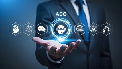 Businessman in suit holding futuristic digital interface representing artificial intelligence technology and innovation concepts