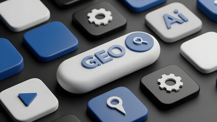 Keyboard with geo and location icons representing geographic data and navigation tools for mapping and spatial analysis