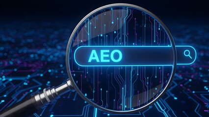 Magnifying glass focusing on a digital aeo search bar with a futuristic global network background, symbolizing technology and online search concepts