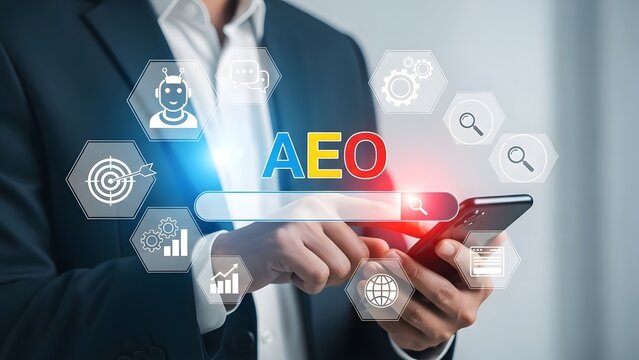 Businessman using smartphone with digital icons and aeiou letters representing technology, communication, and innovation concepts on a modern background