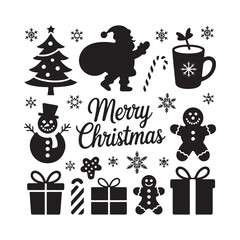 Black silhouette christmas icons and merry christmas text