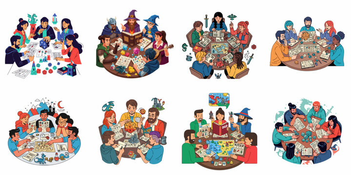 Collection of diverse groups playing fantasy tabletop role-playing games (TTRPG), featuring dice, maps, and character sheets.