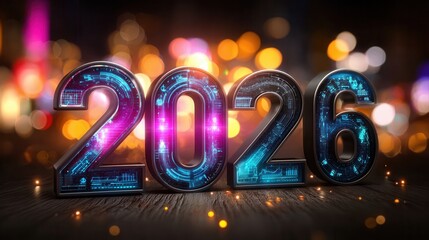 Glowing neon numbers 2026 on wooden table with bokeh lights