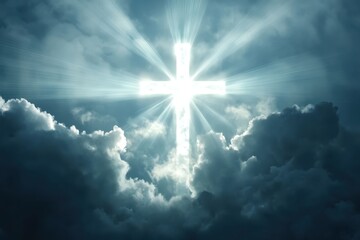 Loopable stage effect video with radiant white cross shaped light beams shining through clouds, spiritual and divine atmosphere for worship events, Easter celebration, Christmas ...