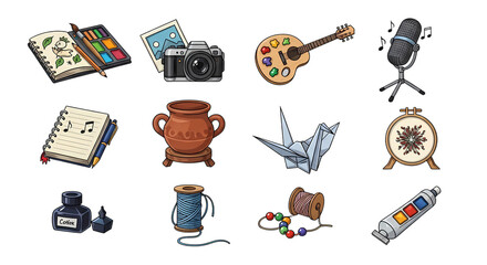 An assortment of items representing creative hobbies like art, music, writing, and crafting isolated on transparent background