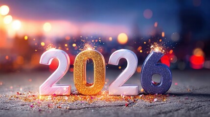 Sparkling 2026 numbers with glitter and fireworks in background