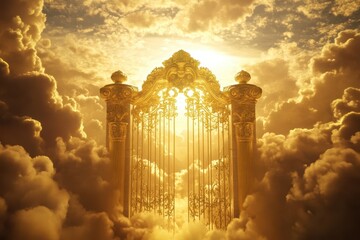Glowing golden heavenly gate with radiant light shining through clouds, symbolic religious scene of paradise, afterlife, or divine entrance for spiritual or worship video ...