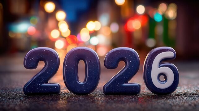 Shiny 2026 numbers on city street at night with blurred lights - Powered by Adobe