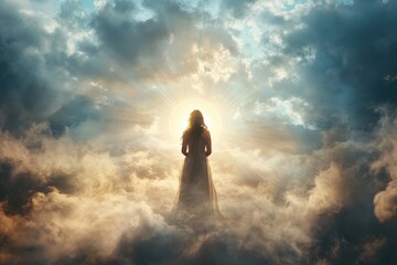 Christian vision of divine woman praying in radiant light among clouds, symbolic heavenly presence with sun halo for spiritual, worship, or religious video background