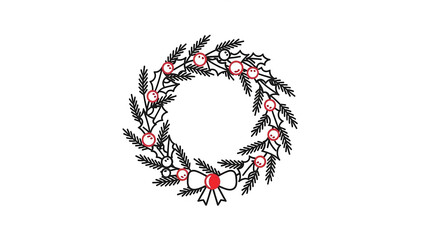 Traditional Christmas wreath with pine needles, holly, red berries, and a red bow, illustrated in line art