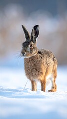 Obraz premium Brown and tan hare standing in pristine, white snow outdoors