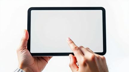 Hand holding tablet blank screen digital device touch gesture finger tap wireless technology modern gadget copy space black bezel horizontal orientation