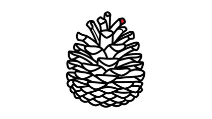 Black and white line drawing of a pine cone with a single red accent