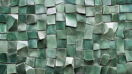 A detailed background of small, square mosaic tiles in various shades of olive green. This pixelated, geometric pattern is perfect for kitchen backsplashes, bathroom walls, and modern decor.