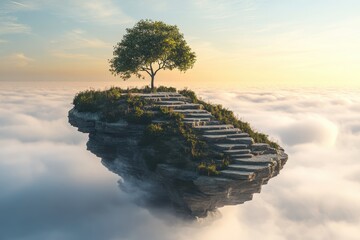 Floating rock island with steps and trees in clouds