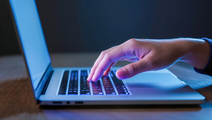 Close up of a persons hand typing on a laptop keyboard with blue light.