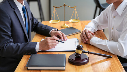 Lawyer and client discussing legal matters during a consultation meeting.