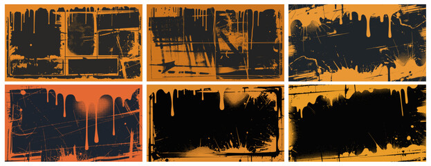 Set of abstract grunge punk texture background in yellow and black, orange and black. featuring distressed effects, paint splatters and halftone overlays