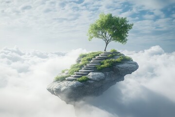 Floating rock island with steps and trees in clouds