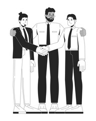 Workplace reconciliation outline illustration. Corporate mediation. Diverse employees handshake. Conflict resolution business people 2D line characters isolated. Monochrome vector ink linear image