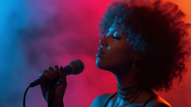 Gorgeous singing girl with curly afro hair.  A beautiful woman singer performs a karaoke song on stage while using a microphone, spotlights, and smoke.
