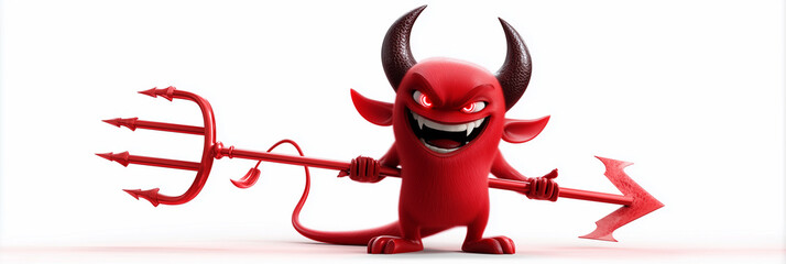 Full Figure of a Cartoon Red and Black Devil Character with Glowing Red Eyes, with Pointed Ears, Horns and Tail, Holding a Sharp Trident Against a White Background with Copy Space. Generative Ai.