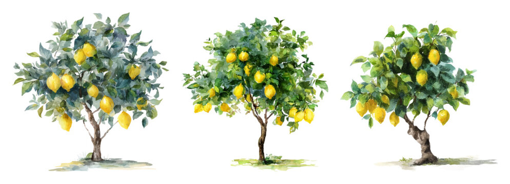 Watercolor collection of citrus lemon trees with botanical illustrations and vintage patterns. Summer Mediterranean trees with yellow fruits, floral borders and tropical foliage elements.