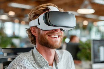Man enjoying virtual reality experience in modern office during daytime Generative AI
