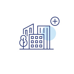 City skyline and plus symbol. Urban growth, city extension. Community upgrade. Pixel perfect, editable stroke vector icon