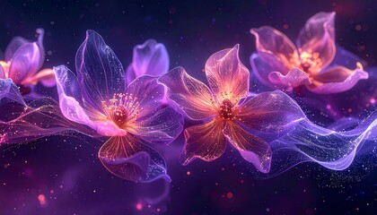 Cosmic floral abstraction, flowers formed from stardust and light particles, deep purple space background, ethereal and surreal mood