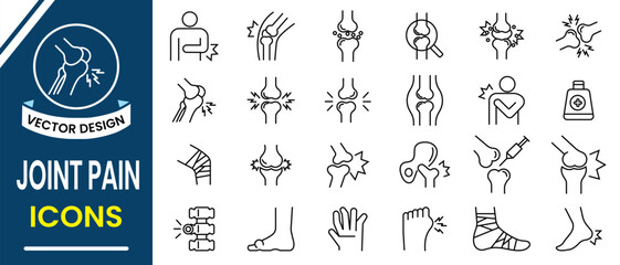 Joint Pain icon set. Joint pain treatment line icon vector set such as includes back bone, hand, foot, knee, elbow, injection therapy, pain relief, and supportive care. Outline icons vector collection