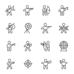 A collection of line art icons depicts various archery and shooting sports activities.