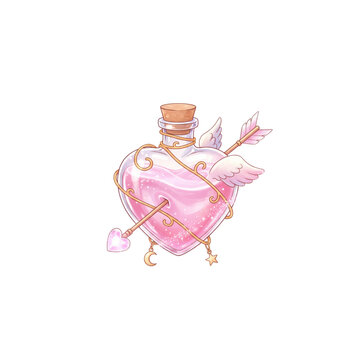 An isolated transparent glass perfume bottle containing pink liquid sits beside to create a beautiful aroma of love