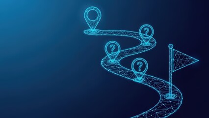 Abstract digital pathway with glowing location markers and question marks indicating an uncertain journey or navigation concept