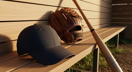 Baseball cap, glove, and bat resting on a wooden bench, bathed in warm sunlight, evoking game day anticipation