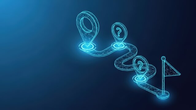 Digital navigation route with glowing pins and question marks indicating unknown destinations on a dark blue background