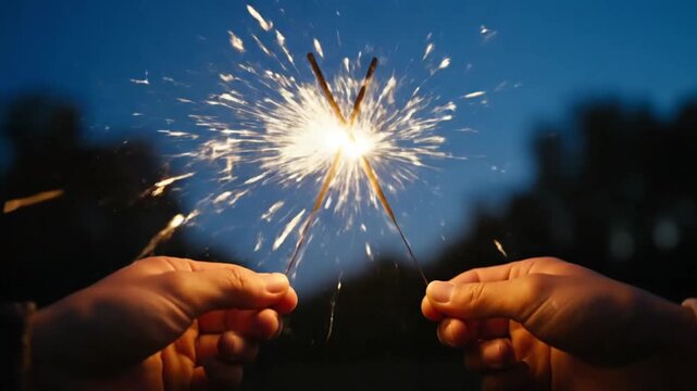 Hands hold sparklers on fire in the evening sky with sparks flying everywhere outside