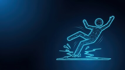 Glowing abstract human figure depicted slipping on a wet surface representing an accident and danger warning