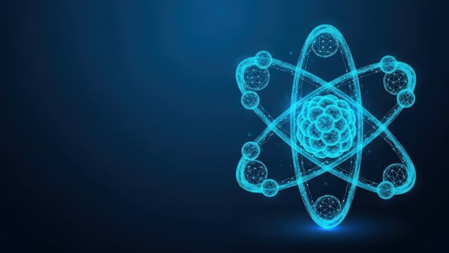 Glowing atomic structure with orbiting electrons on a dark blue background representing science and research