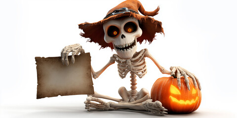 A Spooky-Cute Hyper-Realistic 3D Skeleton with a Witch Hat and Glowing Pumpkin Holding a Blank Sign with Copy Space on a Clean White Background, Perfect for Halloween Greeting Card. Generative Ai.
