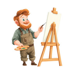 Cartoon illustration of a happy male artist with red hair and beard, wearing overalls, painting on an easel with a brush and palette.