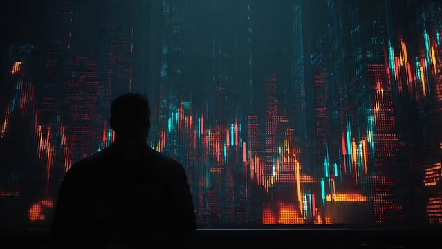 Stock market analysis scene with trader silhouette looking at large digital trading screen, candlestick charts, data numbers, dark professional environment, realistic, cinematic lighting high qulity u