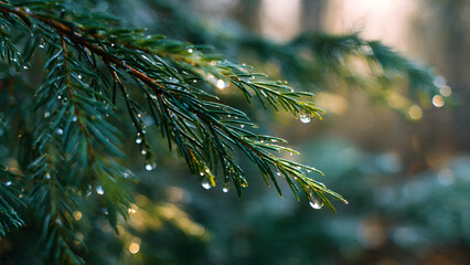 Close-up of wet pine tree branches with dew drops sparkling in sunlight