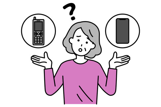 スマホとガラケーを迷っている年配の女性