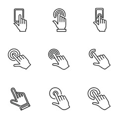 A collection of nine line art icons depicting various hand gestures for touch screen interaction.
